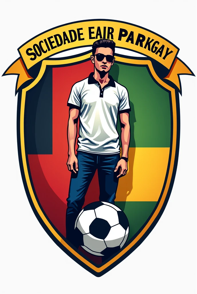 A crest of a football team called parkgay, add a young man with polo shirt and sunglasses illustrated in the coat of arms, add “sociedade esportiva parkgay” in writing add a soccer ball to the crest 