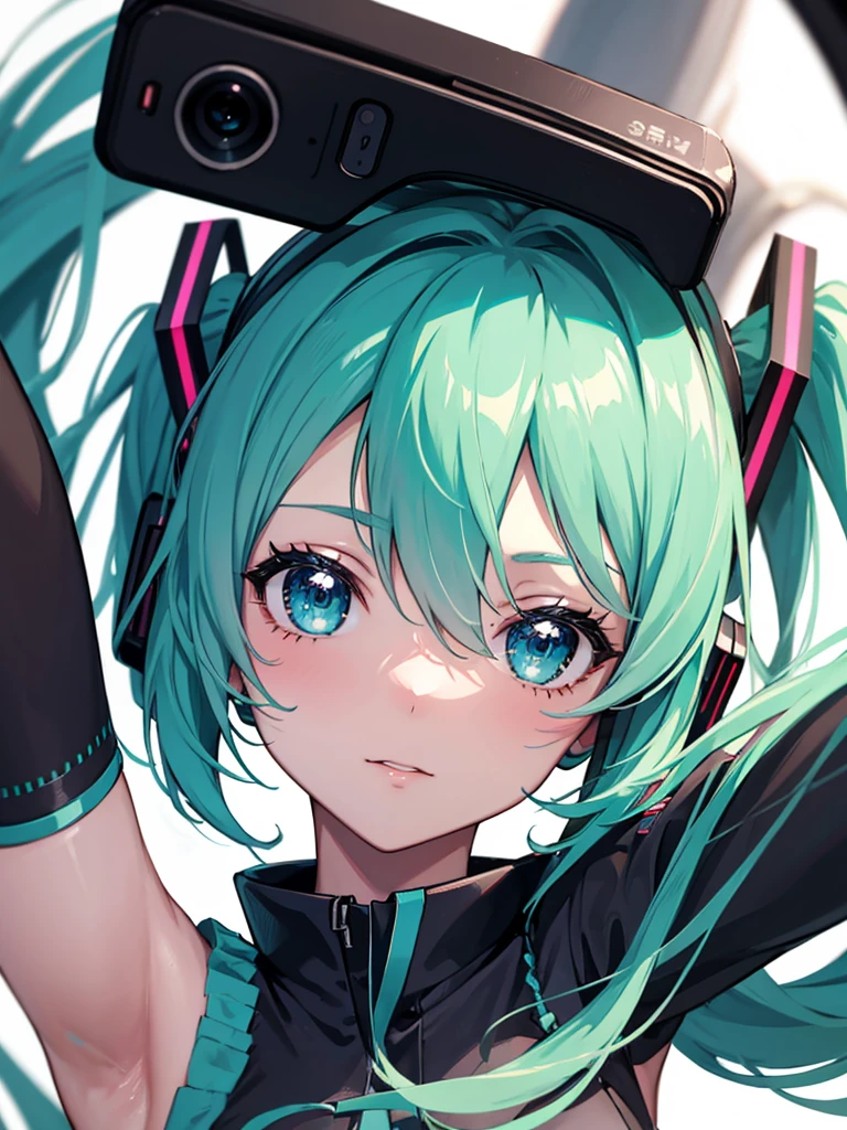 Hatsune Miku taking a selfie, front-facing camera view, close-up portrait