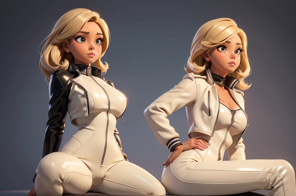obra prima, melhor qualidade, ((only one woman,)) ((ana paulina luna, dark tan skin, blonde bob hair,)) erect cone tits, ((wearing shiny cream leather biker moto jacket,)) ((jacket has padded shoulders, jacket has stiff high collar,)) (((wearing shiny cream leather pants,))) (((pants unzipped showing pussy,))) body is very skinny, ((sitting back, legs spread,)) ((camera front view of body,)) shallow depth of field, highres, HD, 8k, anatomically correct