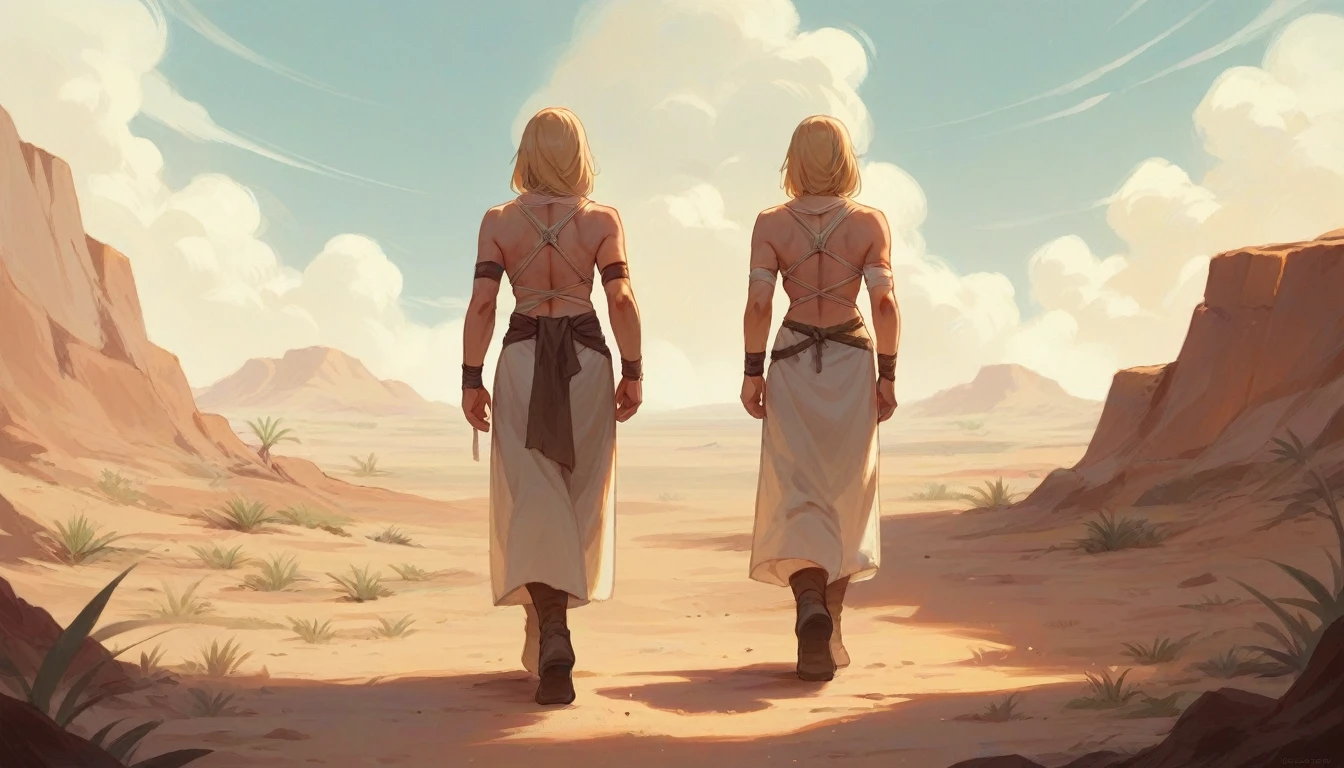 Blonde woman in an outfit that shows her stomach and back, walking in the desert, hands securely tied behind his back with a white rope, wrists crossed and slightly raised in the back 