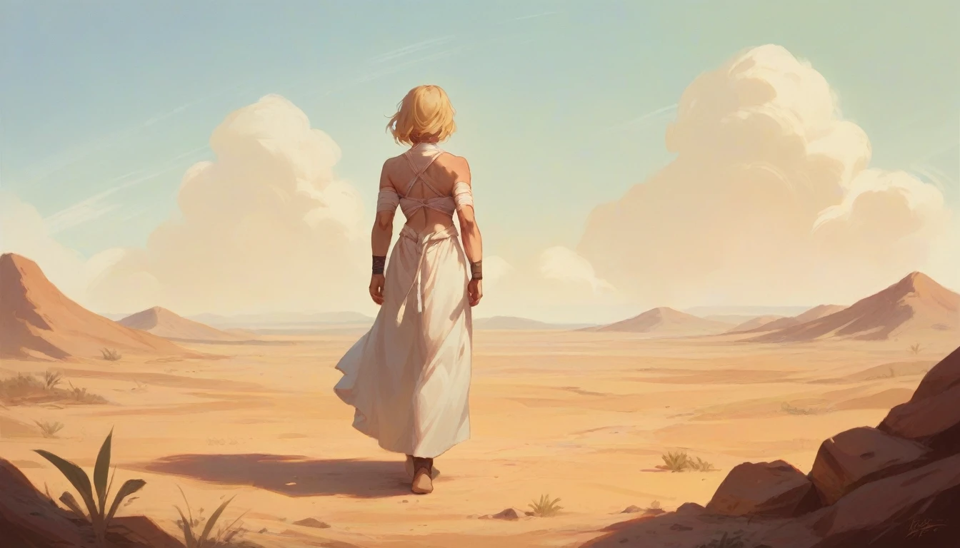 Blonde woman in an outfit that shows her stomach and back, walking in the desert, hands securely tied behind his back with a white rope, wrists crossed and slightly raised in the back