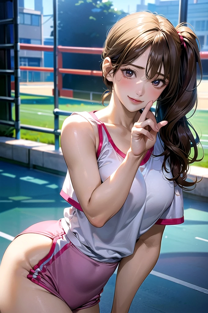 (masterpiece:1.2, top-quality), (realistic, photorealistic:1.4), beautiful illustration, (natural side lighting, movie lighting), 
looking at viewer, upper body, (front view), 1 girl, japanese, , perfect face, cute and symmetrical face, shiny skin, babyface, 
(middle hair:1.2, side ponytail, light brown hair), gold eyes, (large breasts:0.6, seductive thighs), 
beautiful hair, beautiful face, beautiful detailed eyes, beautiful clavicle, beautiful body, beautiful chest, beautiful thigh, beautiful legs, beautiful fingers, 
(Pink gym uniform, buruma,), 
(beautiful scenery), evening, sports hall, peace sign, (lovely smile, upper eyes), 