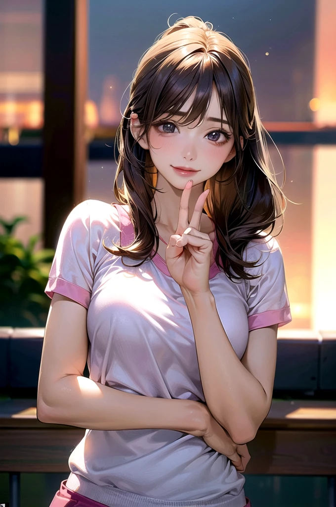 (masterpiece:1.2, top-quality), (realistic, photorealistic:1.4), beautiful illustration, (natural side lighting, movie lighting),
looking at viewer, upper body, (front view), 1 girl, japanese, , perfect face, cute and symmetrical face, shiny skin, babyface,
(middle hair:1.2, side ponytail, light brown hair), gold eyes, (large breasts:0.6, seductive thighs),
beautiful hair, beautiful face, beautiful detailed eyes, beautiful clavicle, beautiful body, beautiful chest, beautiful thigh, beautiful legs, beautiful fingers,
(Pink gym uniform, buruma,),
(beautiful scenery), evening, sports hall, peace sign, (lovely smile, upper eyes),