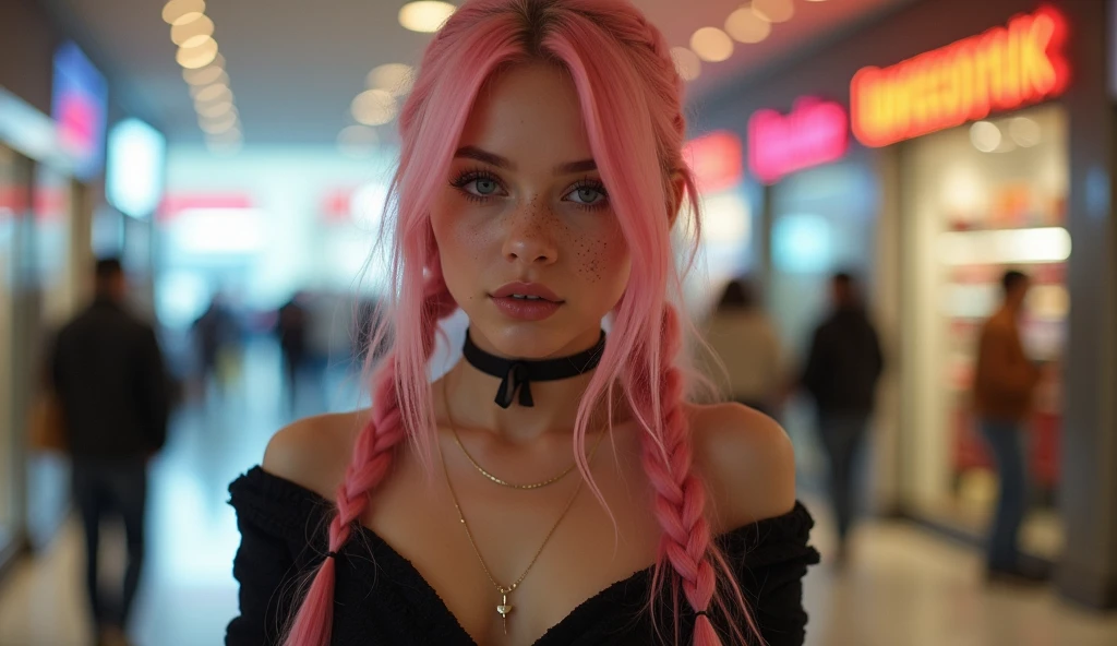 (Realisttic:1.2), analog photo style, Beautiful young woman, posing, with freckles and long pink hair braided, (modern ambient atmosphere), soft natural light, cute and sexy, great quality, Masterpiece, detailed strange background, better performance, 16k quality, RAW photo, sexy clothes, sexy choker, black choker, clevage, big tits, big fat tits, round tits, masive tits, giant tits, on the mall, boutique, luxury clothes, smiling, evil smile, bratty face, sadistic smile, bratty