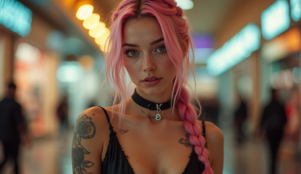 (Realisttic:1.2), analog photo style, Beautiful young woman, posing, with freckles and long pink hair braided, (modern ambient atmosphere), soft natural light, cute and sexy, great quality, Masterpiece, detailed strange background, better performance, 16k quality, RAW photo, sexy clothes, sexy choker, black choker, clevage, big tits, big fat tits, round tits, masive tits, giant tits, sunglasses, woman sunglasses, brown sunglasses