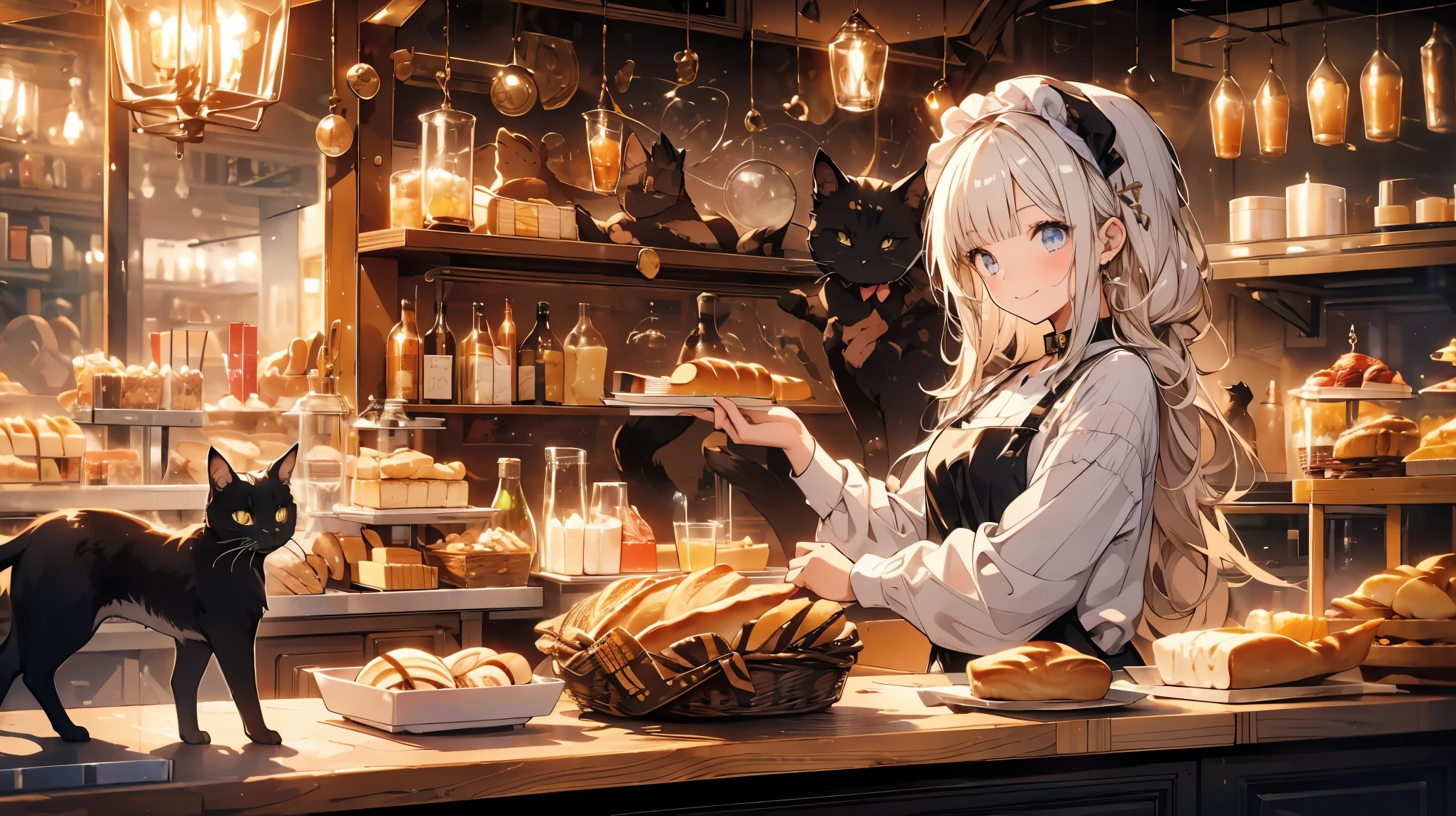 A young girl works at a bakery..A black cat is curled up asleep on the bakery counter..Her dazzling smile, like the sun, brings happiness to customers..