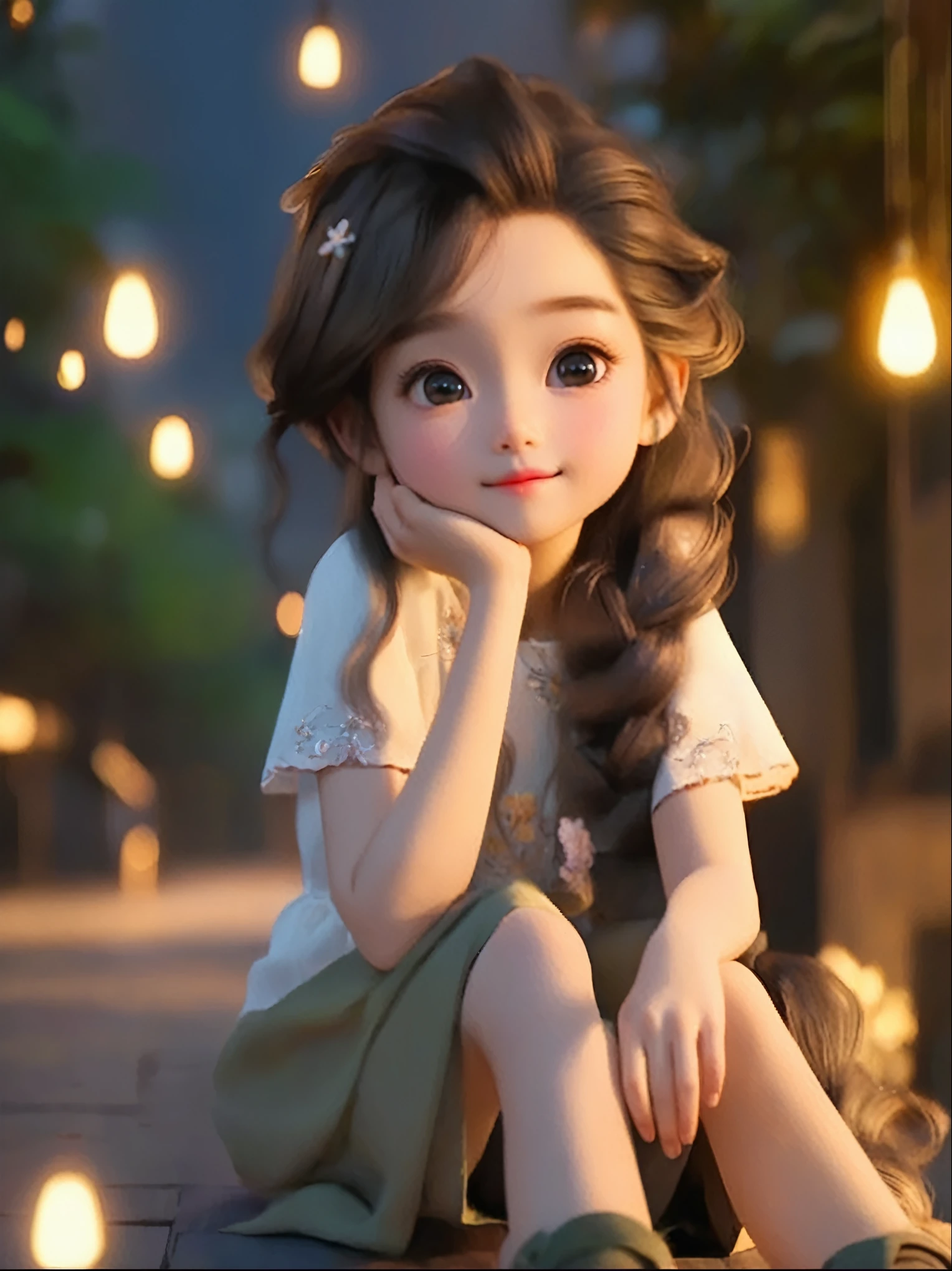 A long-haired girl sitting on a bench,Holding a cup in hand, charming细致的数字艺术, charming的数字艺术, charming卡通 character, charming的肖像, charming卡通, charming的角色, Soft portrait shots 8 k, charming的数字, charming的 3d 渲染, charming, charming的动漫女孩, charming美丽, Beautiful soft lighting, charming, charming的卡哇伊女孩