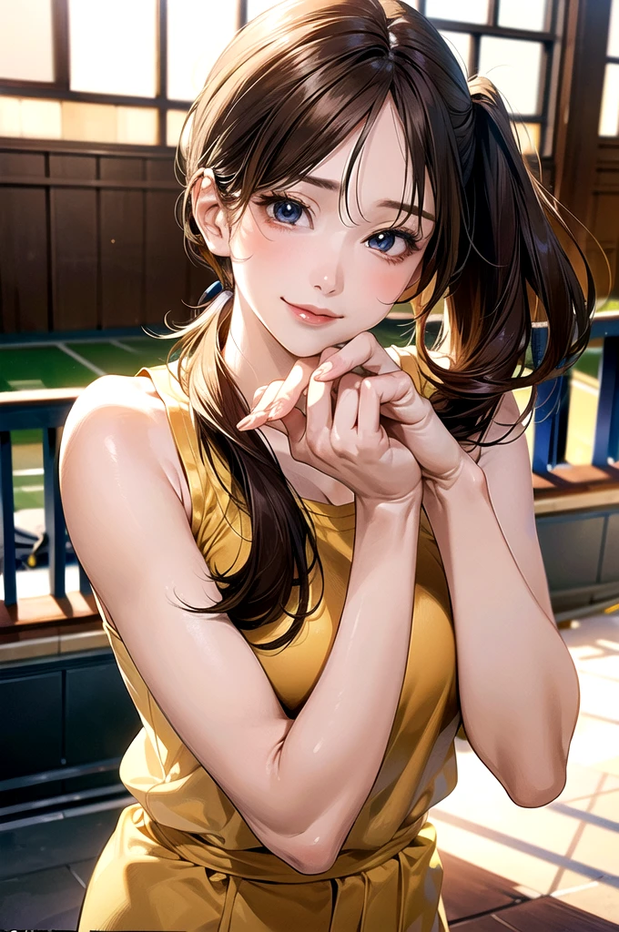(masterpiece:1.2, top-quality), (realistic, photorealistic:1.4), beautiful illustration, (natural side lighting, movie lighting), 
looking at viewer, upper body, (front view), 1 girl, japanese, , perfect face, cute and symmetrical face, shiny skin, babyface, 
(middle hair:1.2, side ponytail, light brown hair), gold eyes, (large breasts:0.6, seductive thighs), 
beautiful hair, beautiful face, beautiful detailed eyes, beautiful clavicle, beautiful body, beautiful chest, beautiful thigh, beautiful legs, beautiful fingers, 
(Yellow gym uniform, buruma,), 
(beautiful scenery), evening, sports hall, peace sign, (lovely smile, upper eyes), 