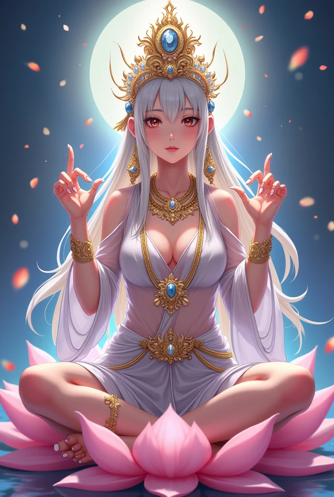 Ultra-high resolution, Attention to detail, Highest quality, (((女god))), Anime Style, Full body portrait, See-through feather robe, Rings on the wrists and ankles, A necklace studded with jewels, god々New Background, Multiple lights dance in the air, Making a ring with the thumbs and index fingers of both hands, Sitting cross-legged, Sitting on a lotus flower