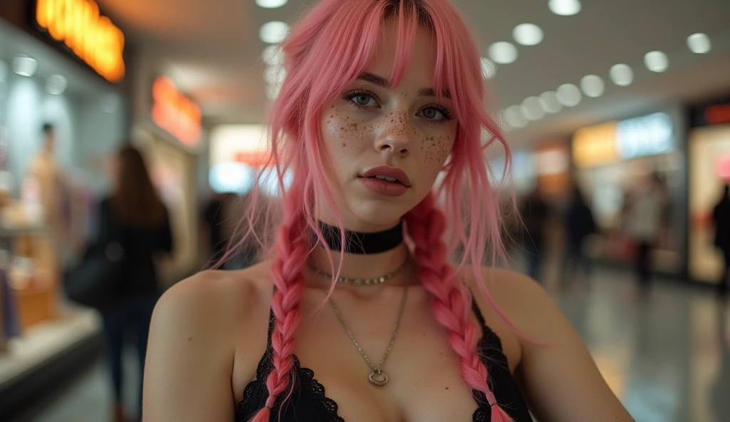 (Realisttic:1.2), analog photo style, Beautiful young woman, posing, with freckles and long pink hair braided, (modern ambient atmosphere), soft natural light, cute and sexy, great quality, Masterpiece, detailed strange background, better performance, 16k quality, RAW photo, sexy clothes, sexy choker, black choker, clevage, big tits, big fat tits, round tits, masive tits, giant tits, on the mall, boutique, luxury clothes, smiling, bratty face, sadistic face, bratty, showing armpits, arms up, 