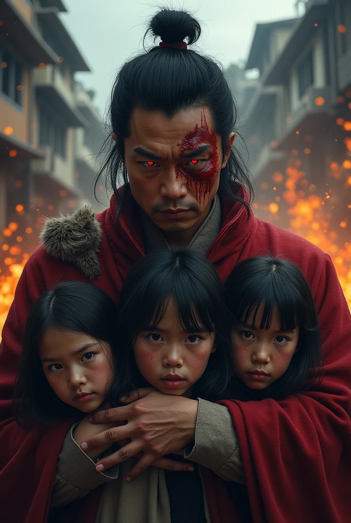 An Asian man with black hair and red eyes with a bleeding head, protecting three people behind him