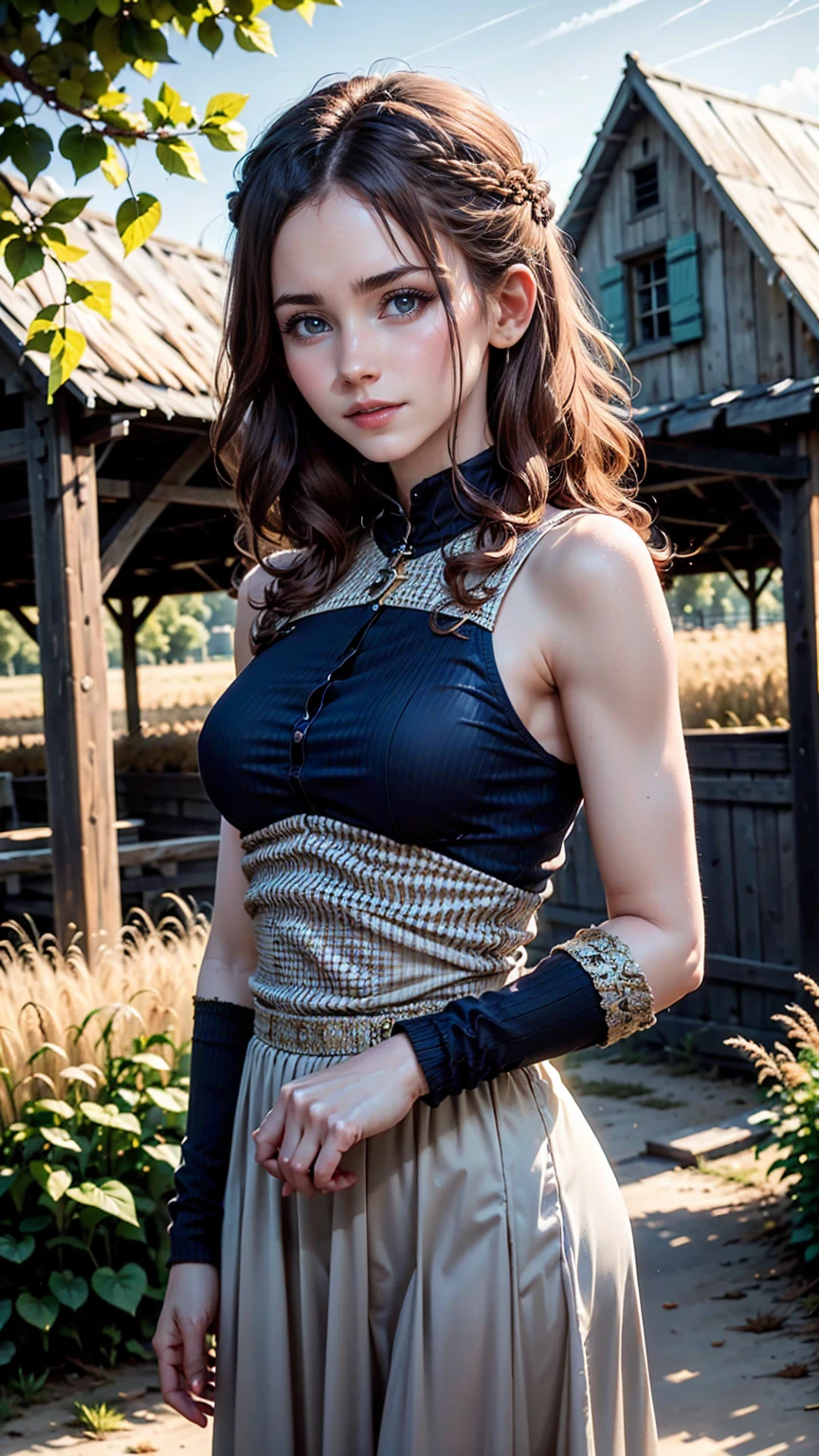 One person, 20-year-old, Tall and attractive, Wearing a cute country dress, Braided hair, Standing on a rural farm. She's gentle, A kind smile and expressive eyes. A charming barn can be seen in the background., Golden wheat fields and clear blue skies. The composition should be bathed in warm golden hour light., The soft depth of field and soft bokeh accentuate the idyllic tranquility.. Capture images that look like they were shot on vintage 35mm film for added impact, movie,