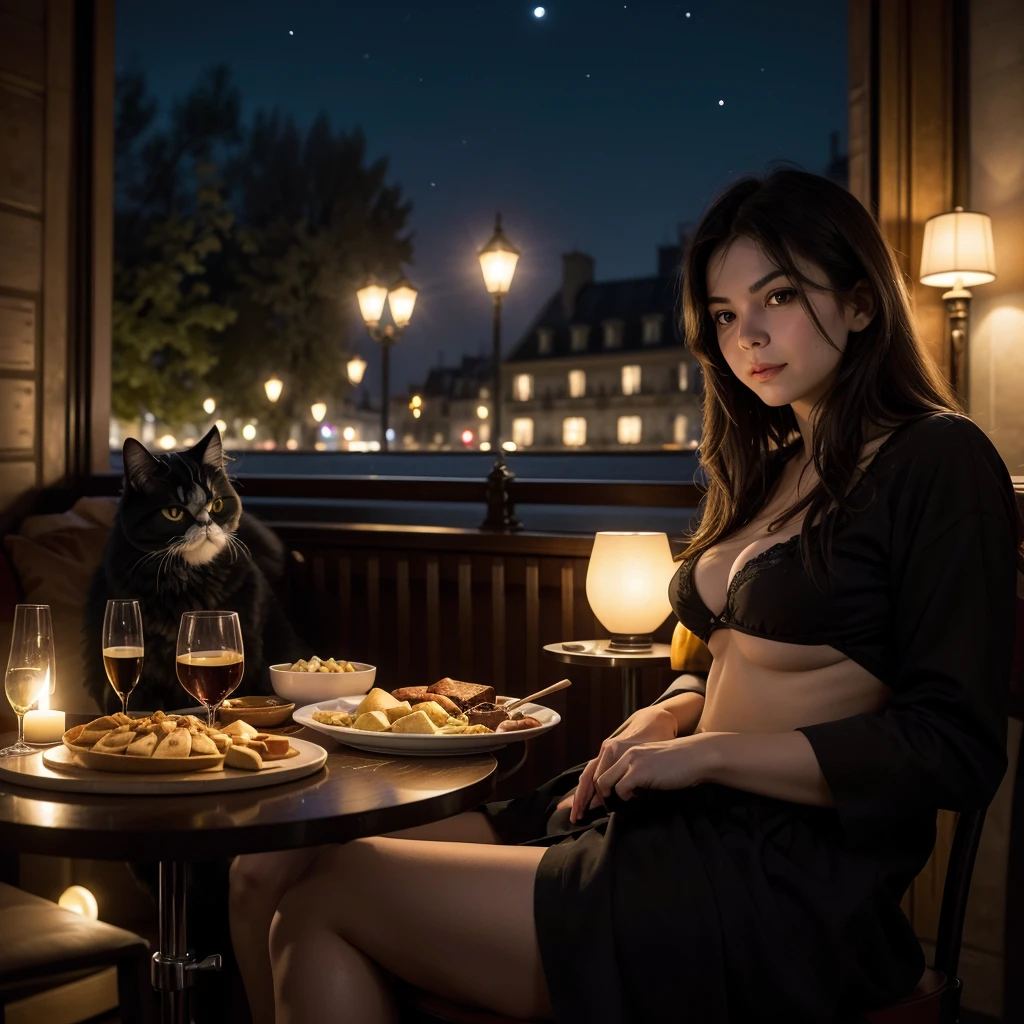 Create a professional photo of a Persian cat lying on a chair next to its owner eating a delicious Fondue Savoyarde at le bar in paris france under the moonlight. If there are people visible in the image, blur the