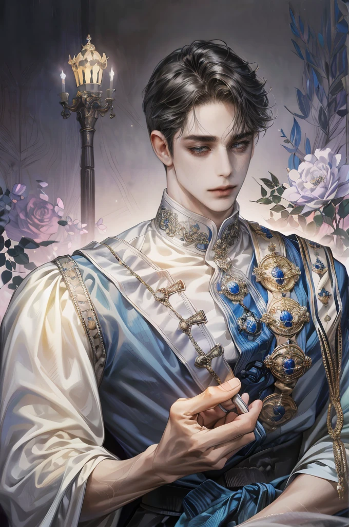 a handsome prince with curly black hair,noble black uniform, blue eyes, white gloves, sat on grand blue throne,holding a rose,(best quality,4k,8k,highres,masterpiece:1.2),ultra-detailed,(realistic,photorealistic,photo-realistic:1.37),portrait,dramatic lighting,chiaroscuro,intricate details,jewel-toned colors,ornate throne,regal,majestic,manhwaartstyle