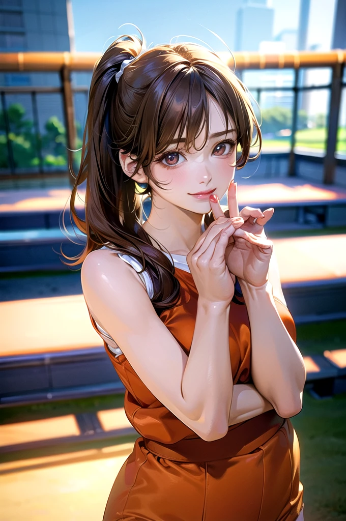 (masterpiece:1.2, top-quality), (realistic, photorealistic:1.4), beautiful illustration, (natural side lighting, movie lighting), 
looking at viewer, upper body, (front view), 1 girl, japanese, , perfect face, cute and symmetrical face, shiny skin, babyface, 
(middle hair:1.2, side ponytail, light brown hair), gold eyes, (large breasts:0.6, seductive thighs), 
beautiful hair, beautiful face, beautiful detailed eyes, beautiful clavicle, beautiful body, beautiful chest, beautiful thigh, beautiful legs, beautiful fingers, 
(Orange gym uniform, buruma,), 
(beautiful scenery), evening, sports hall, peace sign, (lovely smile, upper eyes), 
