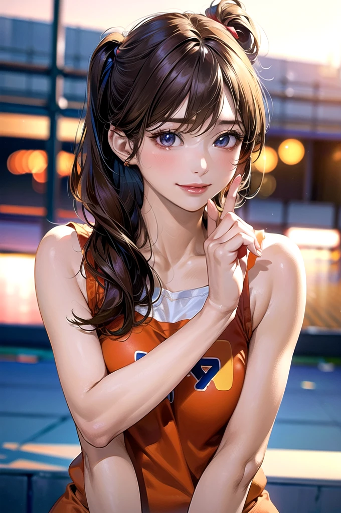 (masterpiece:1.2, top-quality), (realistic, photorealistic:1.4), beautiful illustration, (natural side lighting, movie lighting),
looking at viewer, upper body, (front view), 1 girl, japanese, , perfect face, cute and symmetrical face, shiny skin, babyface,
(middle hair:1.2, side ponytail, light brown hair), gold eyes, (large breasts:0.6, seductive thighs),
beautiful hair, beautiful face, beautiful detailed eyes, beautiful clavicle, beautiful body, beautiful chest, beautiful thigh, beautiful legs, beautiful fingers,
(Orange gym uniform, buruma,),
(beautiful scenery), evening, sports hall, peace sign, (lovely smile, upper eyes),