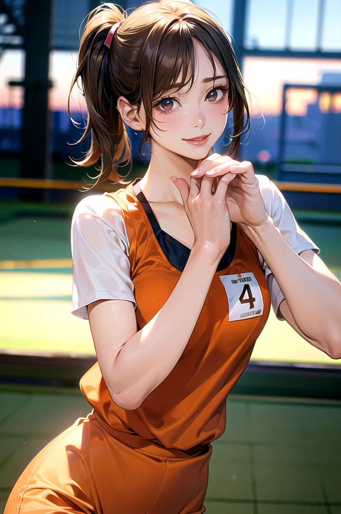 (masterpiece:1.2, top-quality), (realistic, photorealistic:1.4), beautiful illustration, (natural side lighting, movie lighting),
looking at viewer, upper body, (front view), 1 girl, japanese, , perfect face, cute and symmetrical face, shiny skin, babyface,
(middle hair:1.2, side ponytail, light brown hair), gold eyes, (large breasts:0.6, seductive thighs),
beautiful hair, beautiful face, beautiful detailed eyes, beautiful clavicle, beautiful body, beautiful chest, beautiful thigh, beautiful legs, beautiful fingers,
(Orange gym uniform, buruma,),
(beautiful scenery), evening, sports hall, peace sign, (lovely smile, upper eyes),