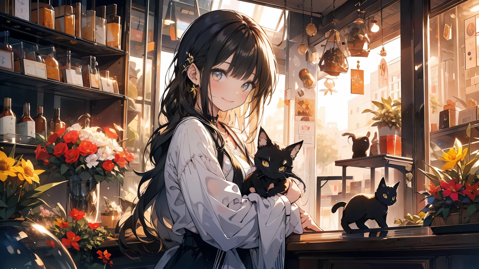 A young girl working at a flower shop．A black cat is curled up asleep outside.．Her dazzling smile, like the sun, brings happiness to customers.．