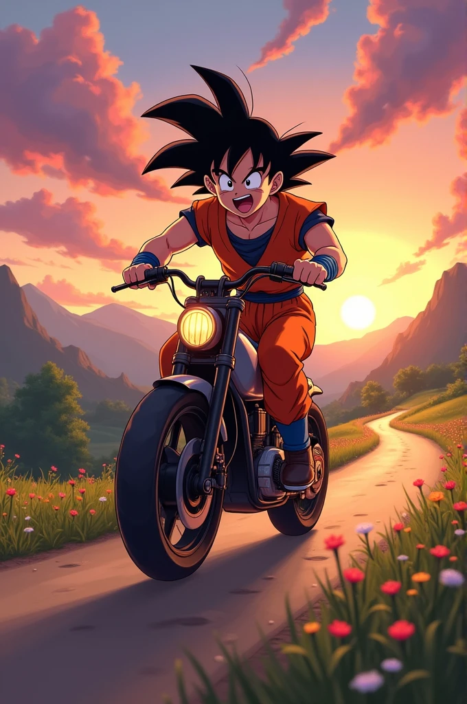 Goku riding a bike sunset