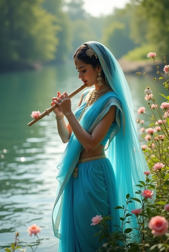 a traditional indian goddess in a blue dress playing a flute on a river bank with a veil on her head and a veil on her head, Ella Guru, aestheticism, serene, a pastel