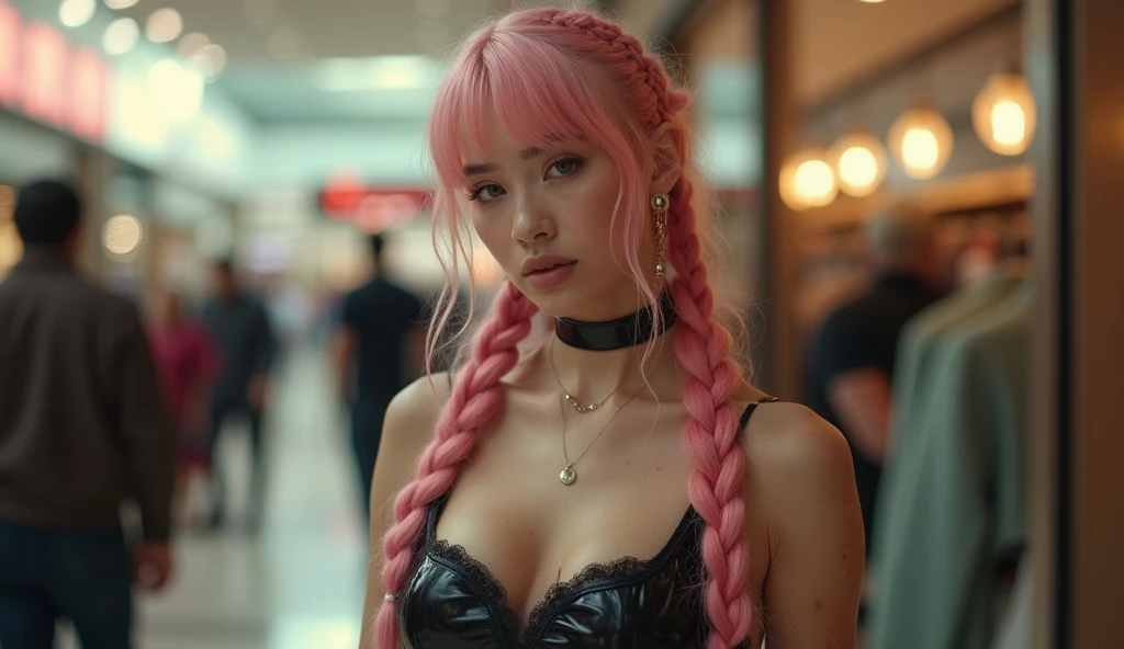 (Realisttic:1.2), analog photo style, Beautiful young woman, posing, with freckles and long pink hair braided, (modern ambient atmosphere), soft natural light, cute and sexy, great quality, Masterpiece, detailed strange background, better performance, 16k quality, RAW photo, sexy clothes, sexy choker, black choker, clevage, big tits, big fat tits, round tits, masive tits, giant tits, on the mall, boutique, luxury clothes, bratty face, sadistic face, bratty, femdom, latex suit, black latex
