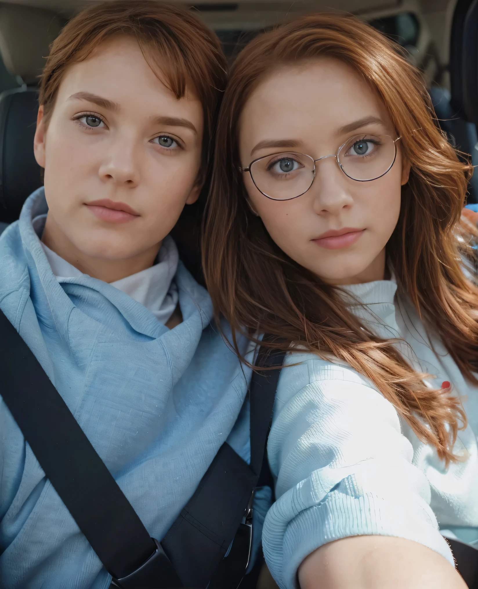 selfie in the car. A man in a blue sweatshirt with brown hair. Red-haired girl in a blue sweater. shot on Canon. amateurish scratchy, candid, poorly framed