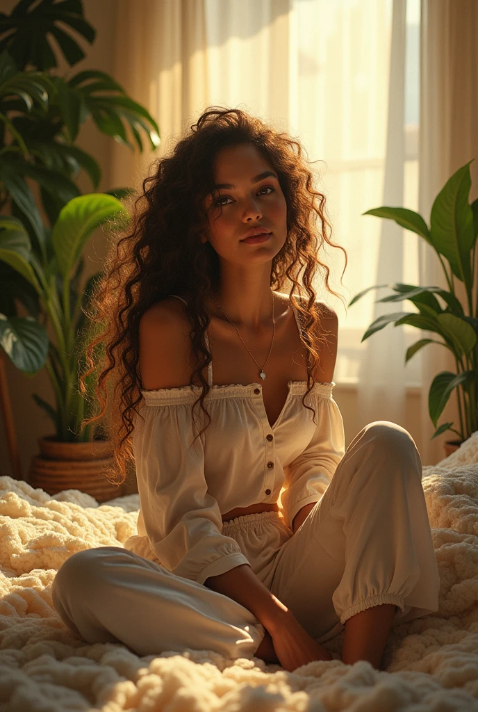 (photorealism:1.2), beautiful woman, sitting on bed, wearing loose off-shoulder top, pajama pants, long curly hair, indoors, soft lighting, plants in background, window with sunlight, cozy room, relaxed pose, realistic, intricate details, warm colors, by Greg Rutkowski, by Alphonse Mucha