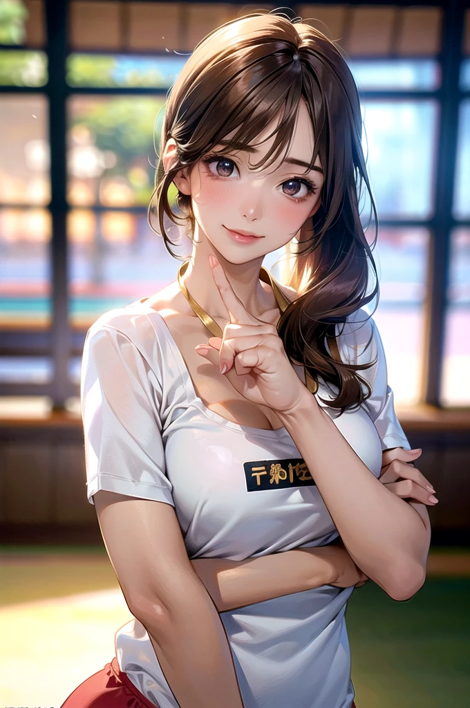 (masterpiece:1.2, top-quality), (realistic, photorealistic:1.4), beautiful illustration, (natural side lighting, movie lighting),
looking at viewer, upper body, (front view), 1 girl, japanese, , perfect face, cute and symmetrical face, shiny skin, babyface,
(middle hair:1.2, side ponytail, light brown hair), gold eyes, (large breasts:0.6, seductive thighs),
beautiful hair, beautiful face, beautiful detailed eyes, beautiful clavicle, beautiful body, beautiful chest, beautiful thigh, beautiful legs, beautiful fingers,
(Tan gym uniform, buruma,),
(beautiful scenery), evening, sports hall, peace sign, (lovely smile, upper eyes),