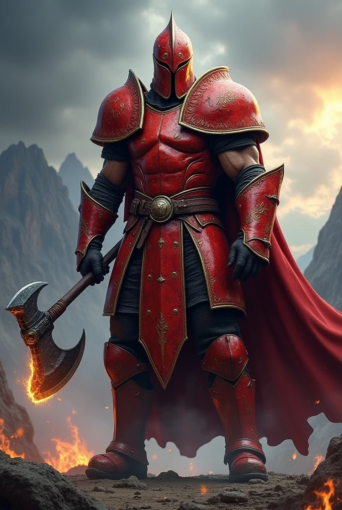 Tall warrior in scarlet armor. Small golden flame designs on the armor. Closed helmet that hides the face. Threatening Position. A double axe in hand.