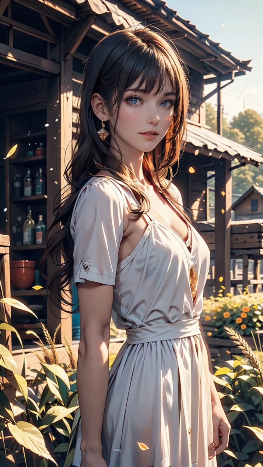 One person, 20-year-old, Tall and attractive, Wearing a cute country dress, Braided hair, Standing on a rural farm. She's gentle, A kind smile and expressive eyes. A charming barn can be seen in the background., Golden wheat fields and clear blue skies. The composition should be bathed in warm golden hour light., The soft depth of field and soft bokeh accentuate the idyllic tranquility.. Capture images that look like they were shot on vintage 35mm film for added impact, movie,