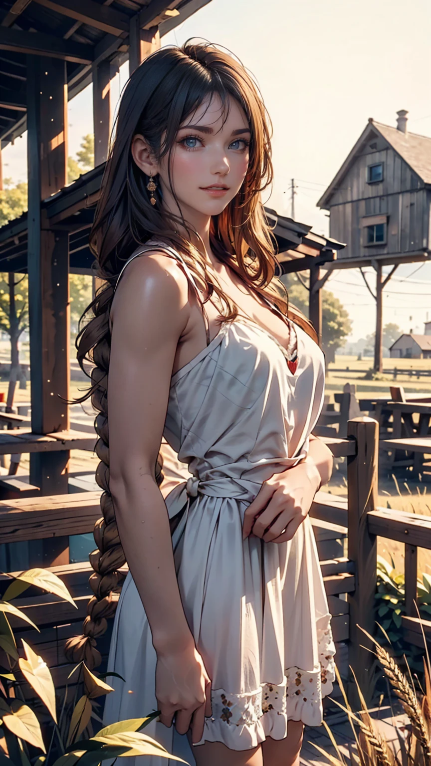 One person, 20-year-old, Tall and attractive, Wearing a cute country dress, Braided hair, Standing on a rural farm. She's gentle, A kind smile and expressive eyes. A charming barn can be seen in the background., Golden wheat fields and clear blue skies. The composition should be bathed in warm golden hour light., The soft depth of field and soft bokeh accentuate the idyllic tranquility.. Capture images that look like they were shot on vintage 35mm film for added impact, movie,