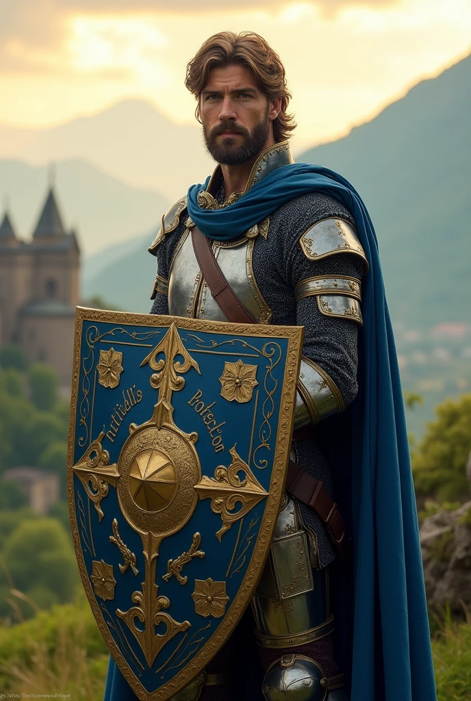 Prince holding a shield with the inscription "Rutielle's Protector"