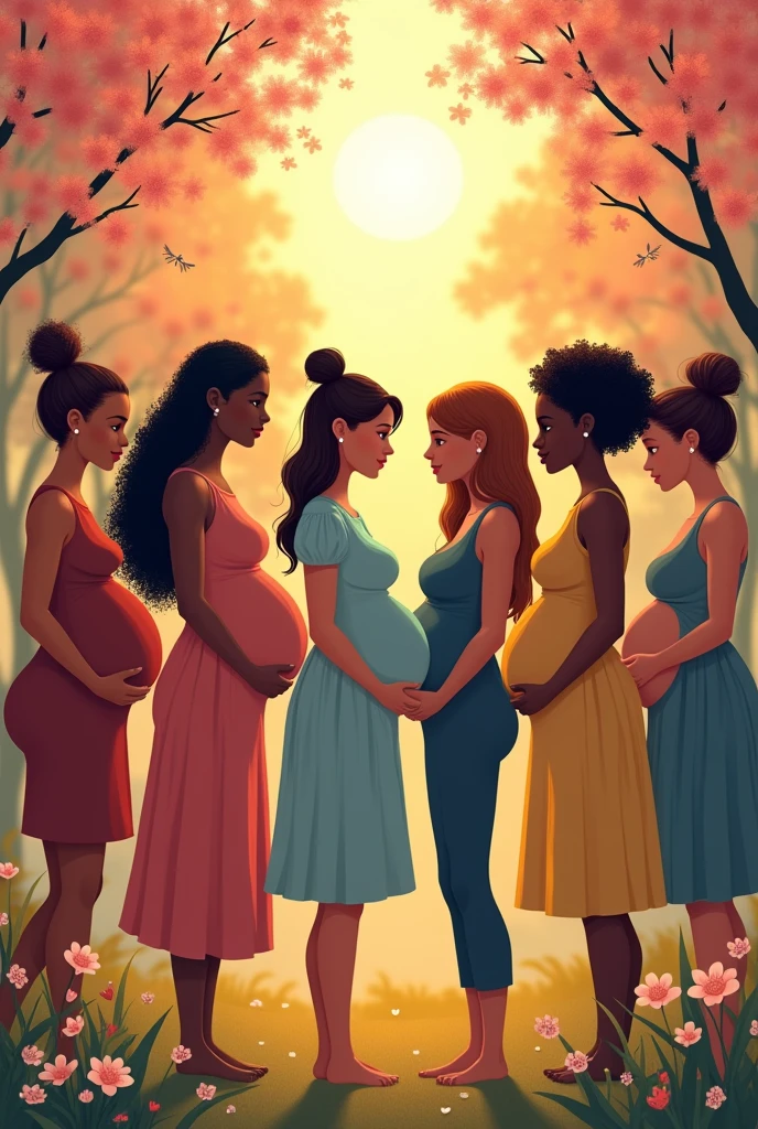 Create an image that illustrates all people who gestate, who can go through pregnancy. The image should contain several people.