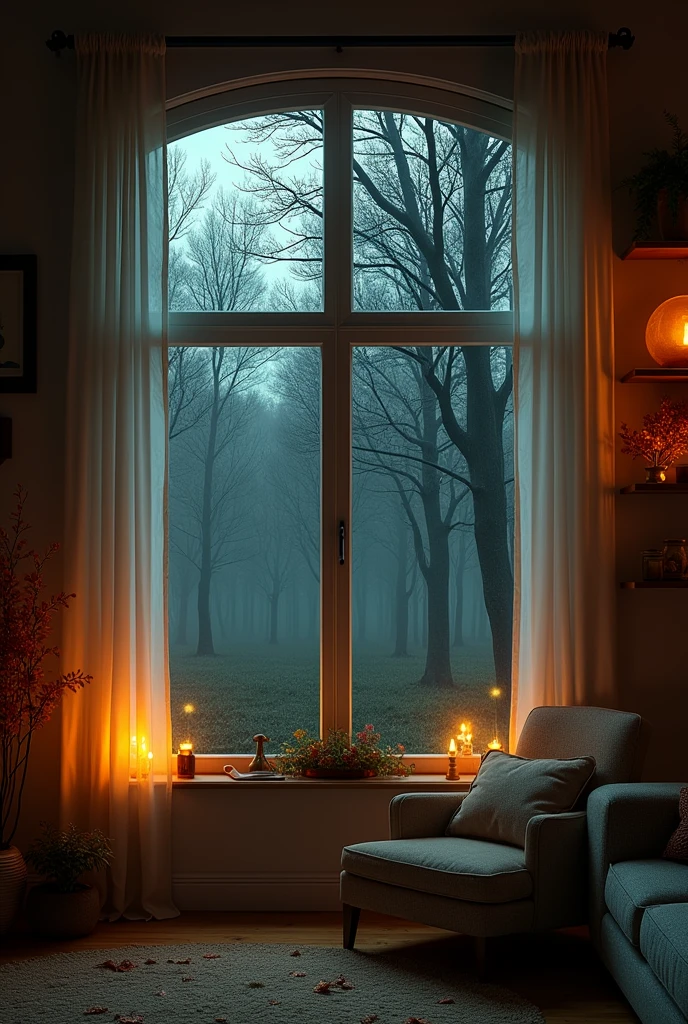 A view from inside a house with a window, and outside the window a dark forest in full HD 1920 x 1080 format
