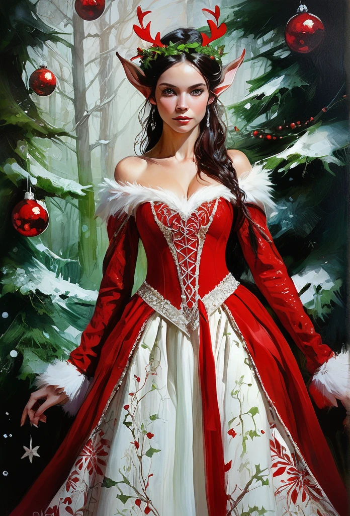 Beautiful Long-ears elf queen green eyes in red- white Christmas dress , enchanted forest background, dark hair, fantasy, intricate details, hyper detailed, Jean Baptiste Monge, Carne Griffiths, Michael Garmash, seb McKinnon, masterpiece