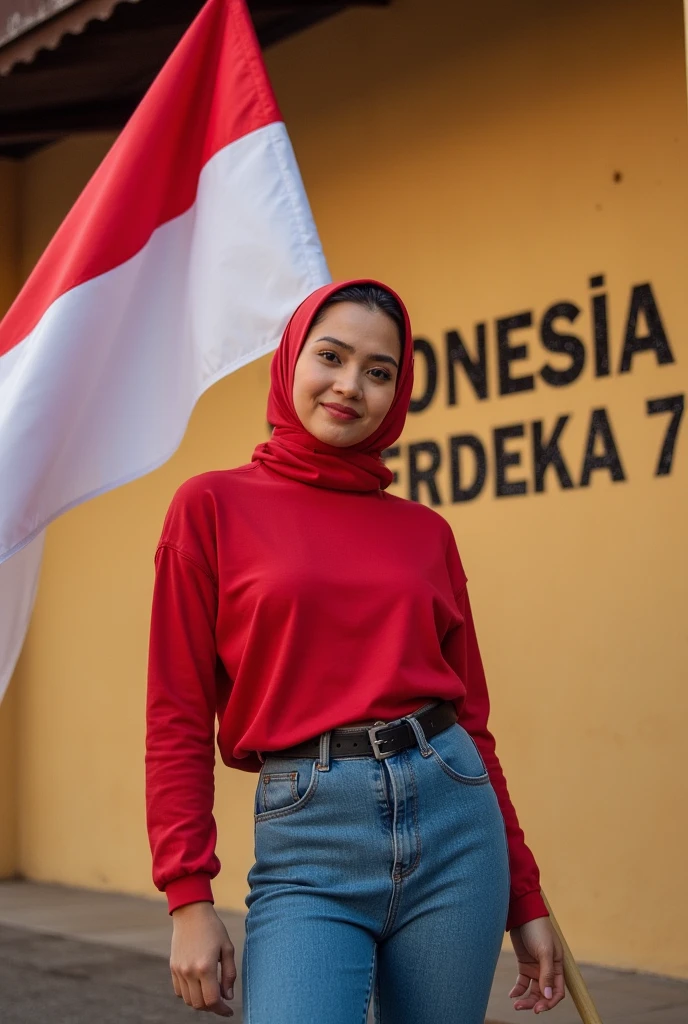 Beautiful indo women, hijab, red long t-shirt and long pants blue jeans,holding a white and red flag, and wall in the back with text "INDONESIA MERDEKA"79" and showing it to the viewer