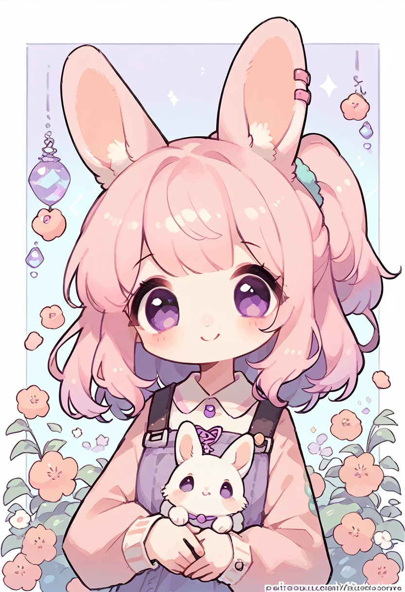 1girl, cute girl, peach hair, purple eyes, bangs, bunny ears, cute casual outfit, smile