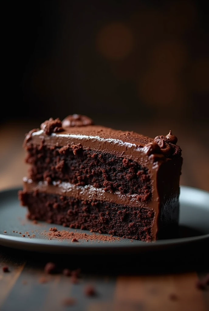 cinematic film still chocolate, chocolate cake, dark background, quality photo, moist texture, frosting, studio photo, slice . shallow depth of field, vignette, highly detailed, high budget, bokeh, cinemascope, moody, epic, gorgeous, film grain, grainy
