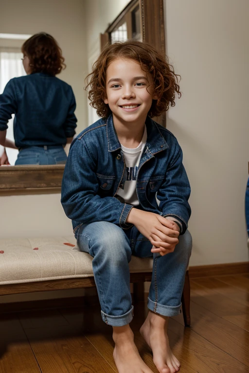 boy, , with curly red hair, and prinkles, smiling, wear in jeans blue jacket, bare feet, Different poses and expressions. Whole posture. Mirror natural reflection scene, Nikon D6 24-70mm f/2.8