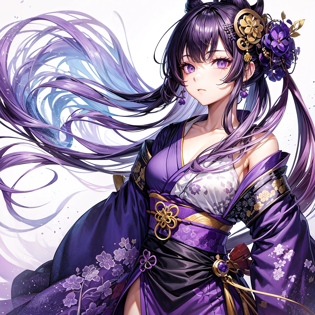 Draw a standing illustration of a woman with purple eyes and hair、Draw a full-body standing image of a woman with long hair, wearing a kimono with a violet pattern on a black background, a mole on the left side of her face, and long, narrow eyes.