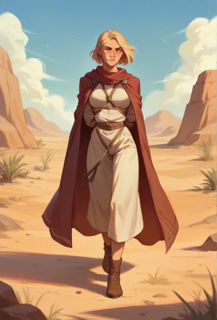 Blonde woman in an outfit that shows her stomach, walking in the desert, hands securely tied behind his back with a rope, wrists crossed and slightly raised in the back