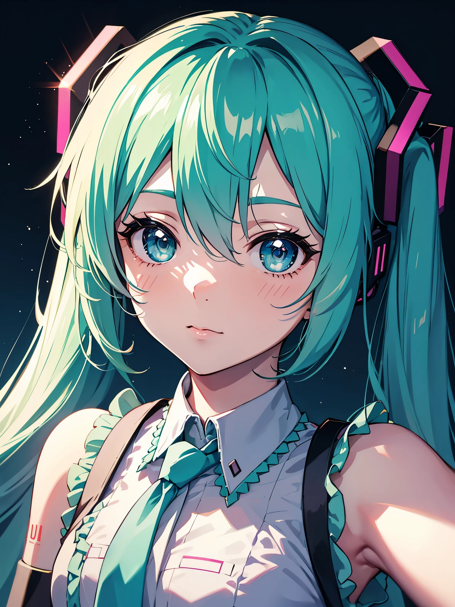 Hatsune Miku taking a selfie, front-facing camera view, close-up portrait