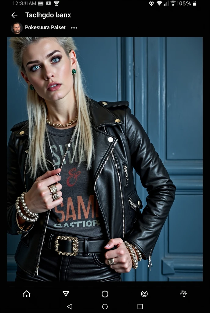 Old russian milf, platinum blonde hair in pompadour style with shaved sides, with very light blue eyes, pale, lots of eye shadows. Wearing black moto jacket, cropped rock t-shirt, black leather jeans and white tennis sneakers. Bullet belt, lots of rings and studded bracelets , Very scared, trying to hide