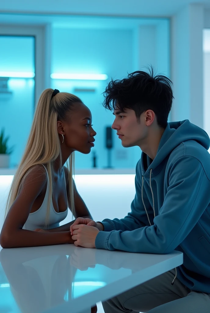 hyper realistic portrait of skai Jackson, dark skinned black girl, 19 years old, with long blonde hair and brown eyes. She should have a natural, approachable expression and be lit by soft, blue light, canon eos r5, raw format, in a futuristic kitchen, sitting at a dining table, looking into the eyes of a 19 year old white guy with good looks and black hair, wearing acne studios