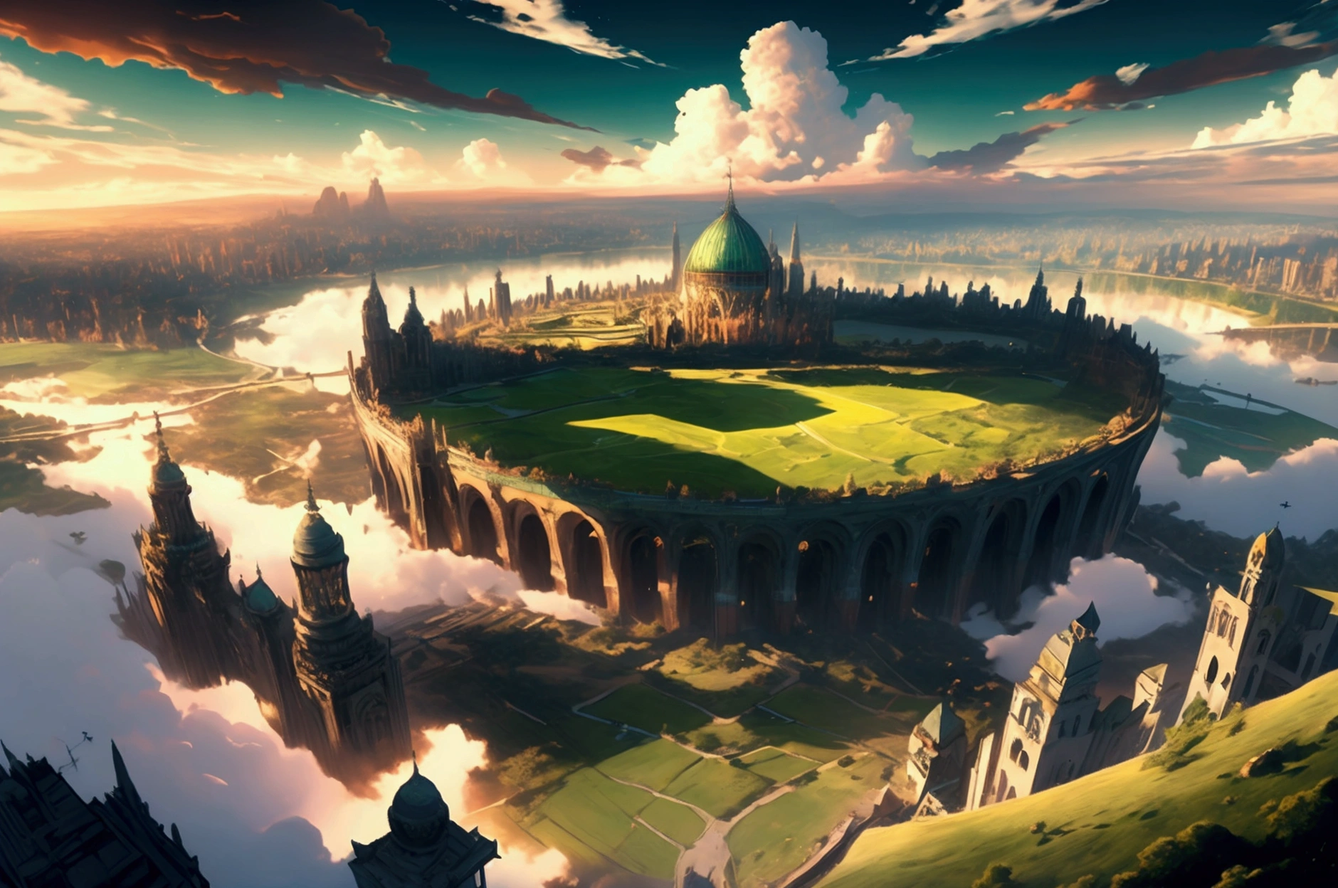 (32k, 8k, high graphics, high resolution, high details) fantasy city, panoramic view, extremely beautiful place, immense tower in the center, immense green fields around the city, blue and majestic sky with clouds
