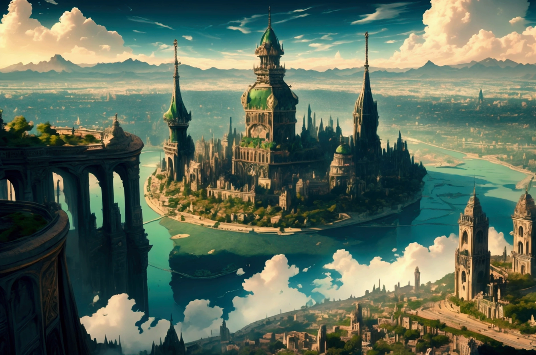 (32k, 8k, high graphics, high resolution, high details) fantasy city, panoramic view, extremely beautiful place, immense tower in the center, immense green fields around the city, blue and majestic sky with clouds