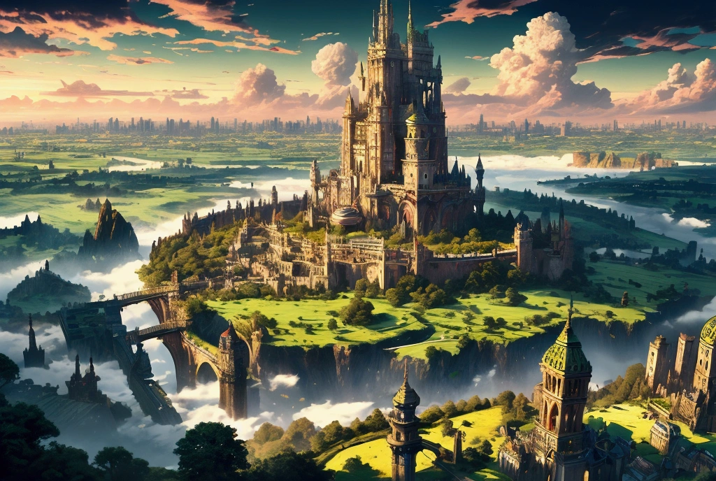(32k, 8k, high graphics, high resolution, high details) fantasy city, panoramic view, extremely beautiful place, immense tower in the center, immense green fields around the city, blue and majestic sky with clouds