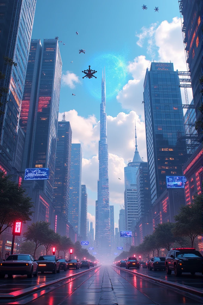 A futuristic urban skyline, with buildings illuminated by neon lights and steel structures, representing technological advances. The clouds can have a light blue hue, mixed with visible electronic circuits, giving a sense of digital connectivity.Add three-dimensional elements such as floating holographic screens that display data graphs, or even educational drones and robots in action, as if they were carrying out interactive activities.O termo "Maker Space" can be highlighted in a modern font in the center of the image, Perhaps in large letters, that seems to be part of the environment, with glow or shadow effects that appeal to a sense of innovation