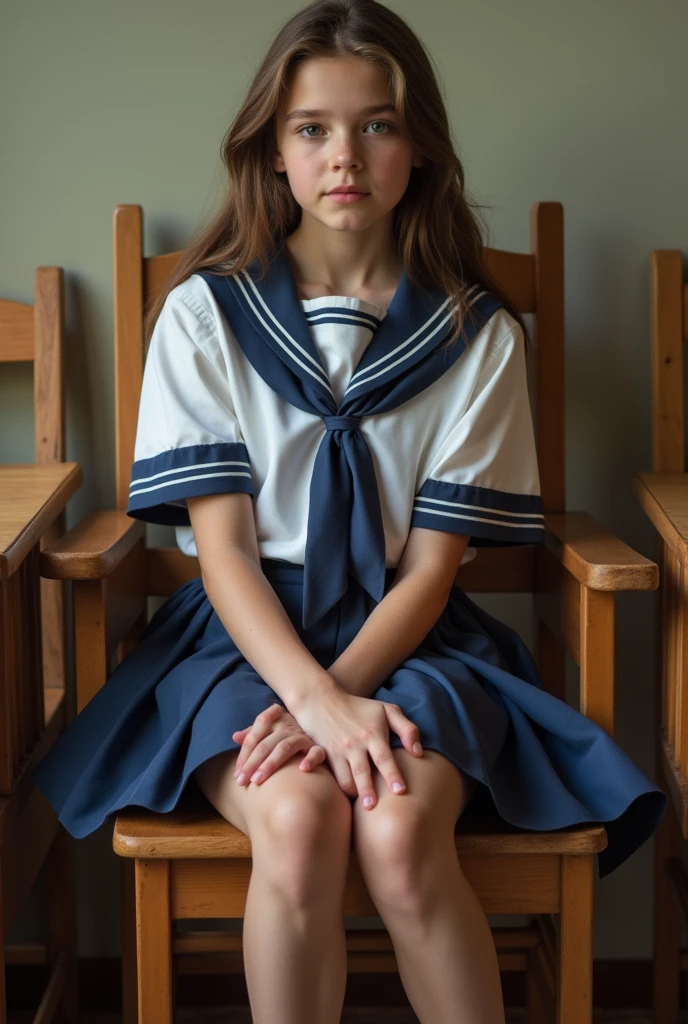  girl in school uniform sitting on a chair with her legs wide open showing under her skirt showing her vagina 