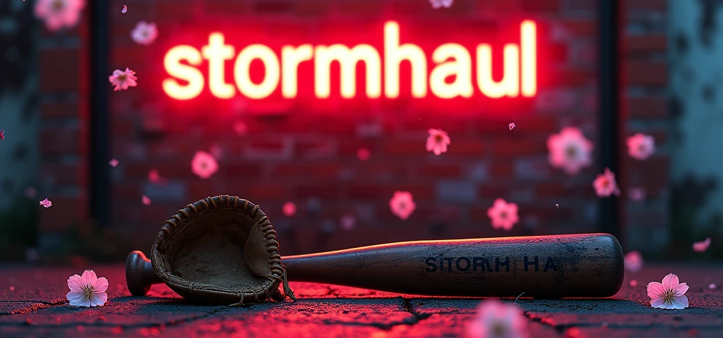 "stormhaul" écrit en néon en haut de l'image  en rouge et en noir  avec une batte de baseball . avec un gant par terre dans un style japonais avec des fleurs de sakura